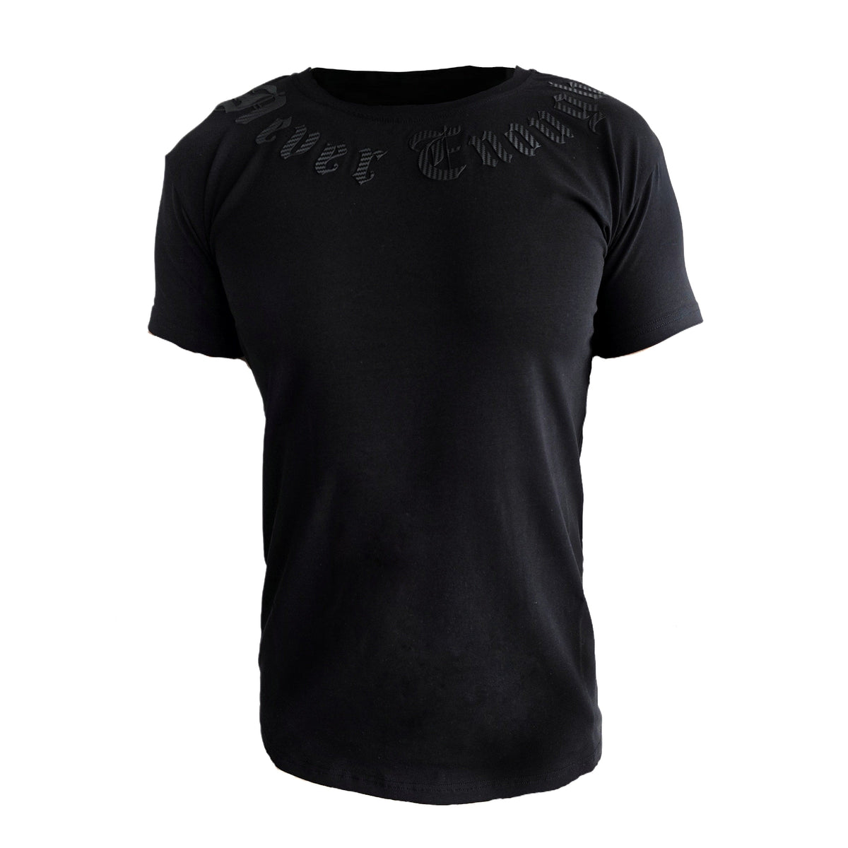 Delantera de la camiseta MVL Gold line Never enough negra con texto alrededor del cuello