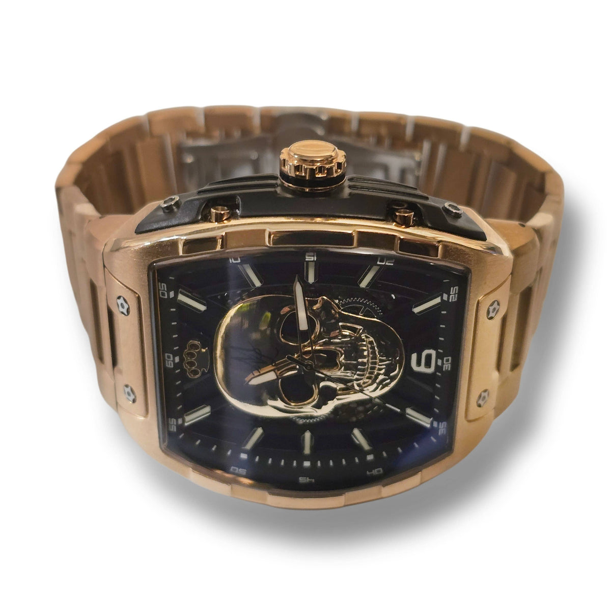 Vorderansicht der MVL Automatic Skull Watch roségold mit 3D-Totenkopf auf blauschwarzem Zifferblatt