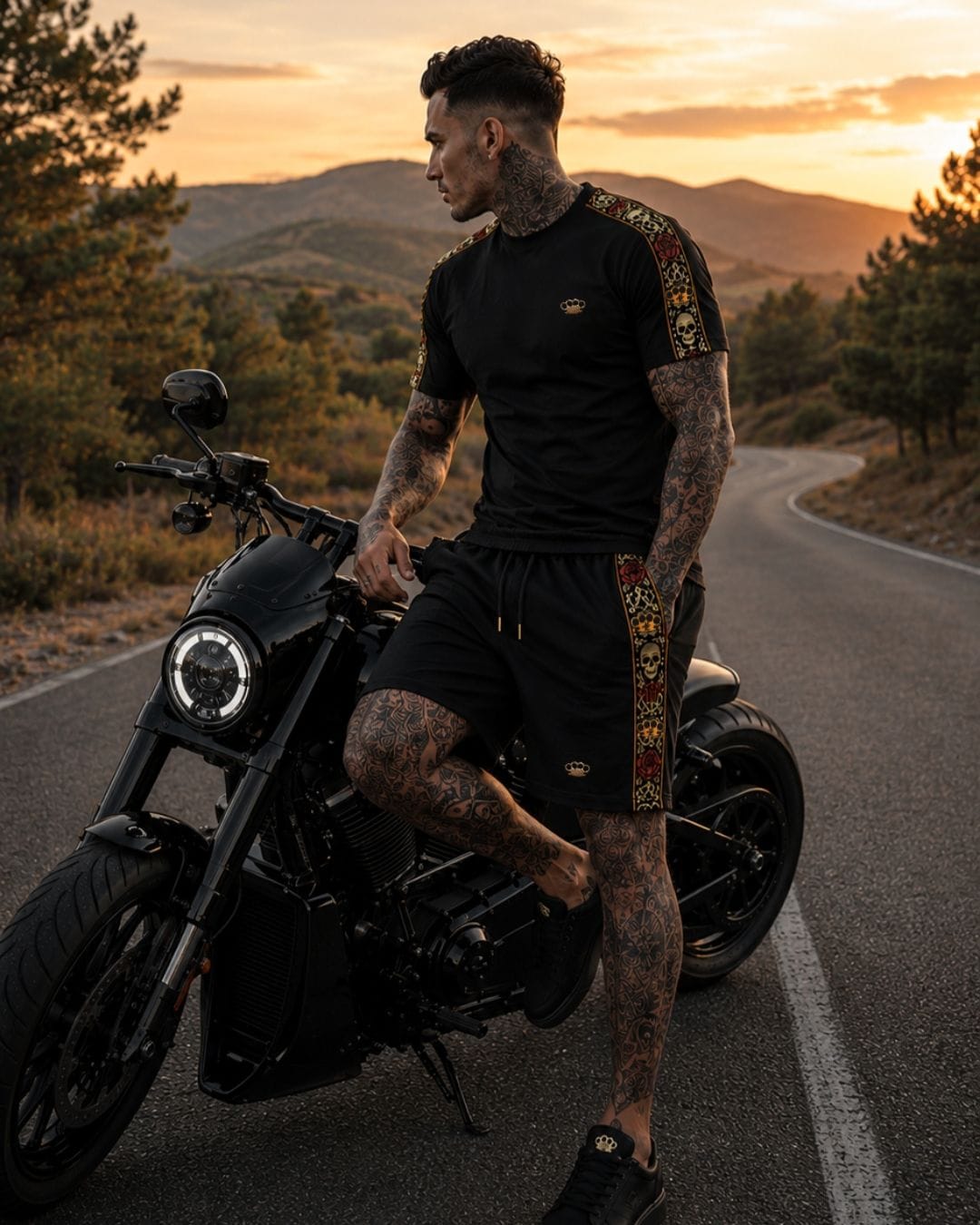 Calavera T-shirt zwart gedragen door model leunend op een zwarte motor, zijkant met de borduurband