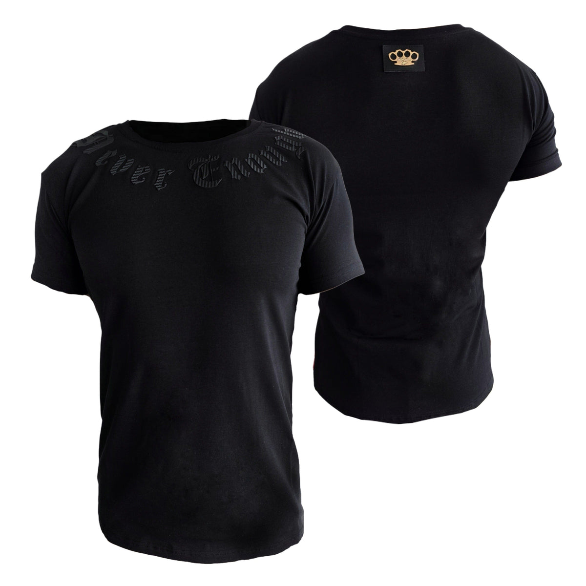 Camiseta Mi Vida Loca Gold line Never enough negra, delantera y trasera con parche del logo MVL