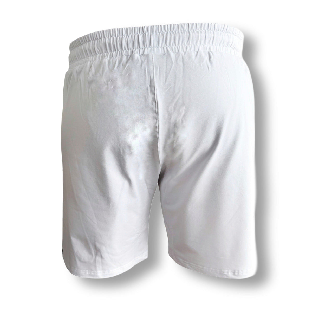 Achterkant van de witte MVL Meander korte joggingbroek