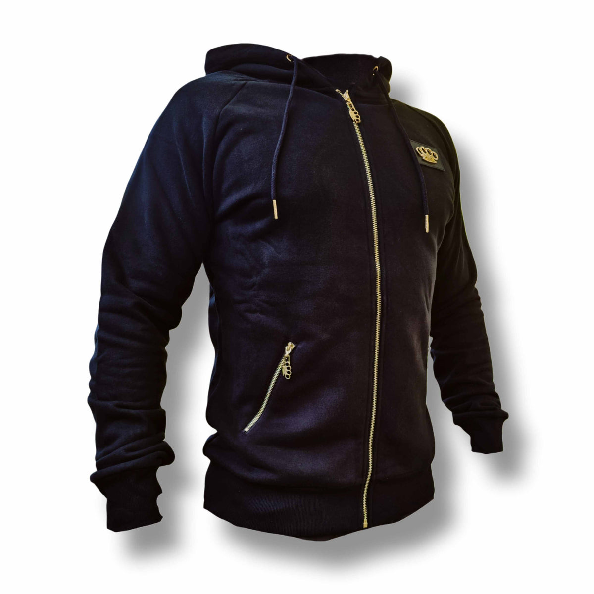 Sudadera MVL Final boss negra con cremallera dorada y logo MVL, delantera oblicua sobre fondo blanco