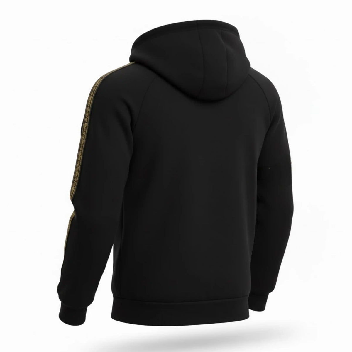 Rückseite des schwarzen MVL Meander Hoodies mit Kapuze und goldener Paspel am Ärmel