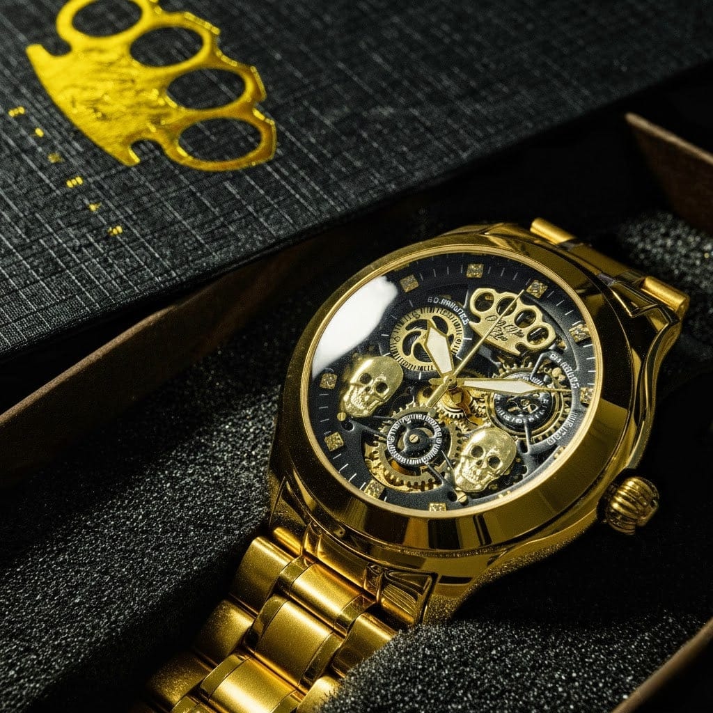 Orologio automatico Mi Vida Loca Double skull oro con quadrante scheletrato e teschi dorati, nella scatola