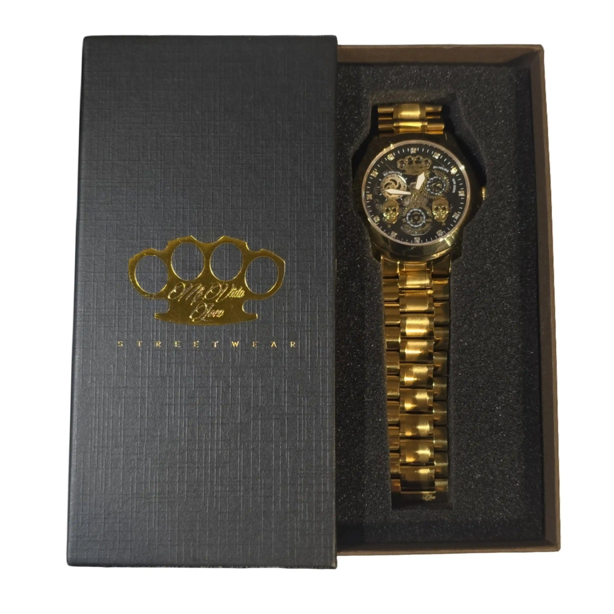 Orologio MVL Double skull oro/oro nella confezione regalo nera aperta con logo MVL dorato