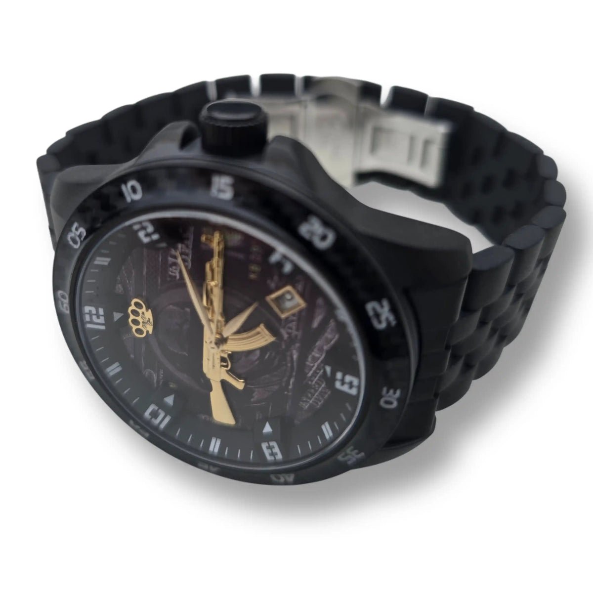 MVL AK47 automatic horloge carbon zwart, zijaanzicht met schakelband en gouden MVL logo