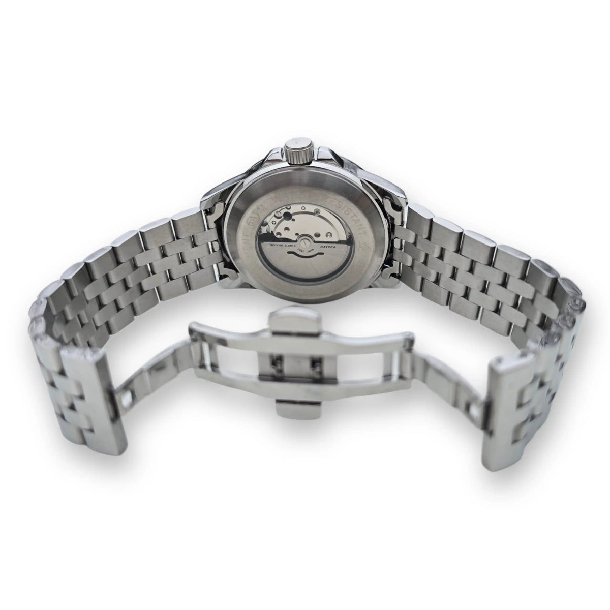 Retro dell'orologio MVL AK47 argento con movimento automatico a vista e chiusura deployante