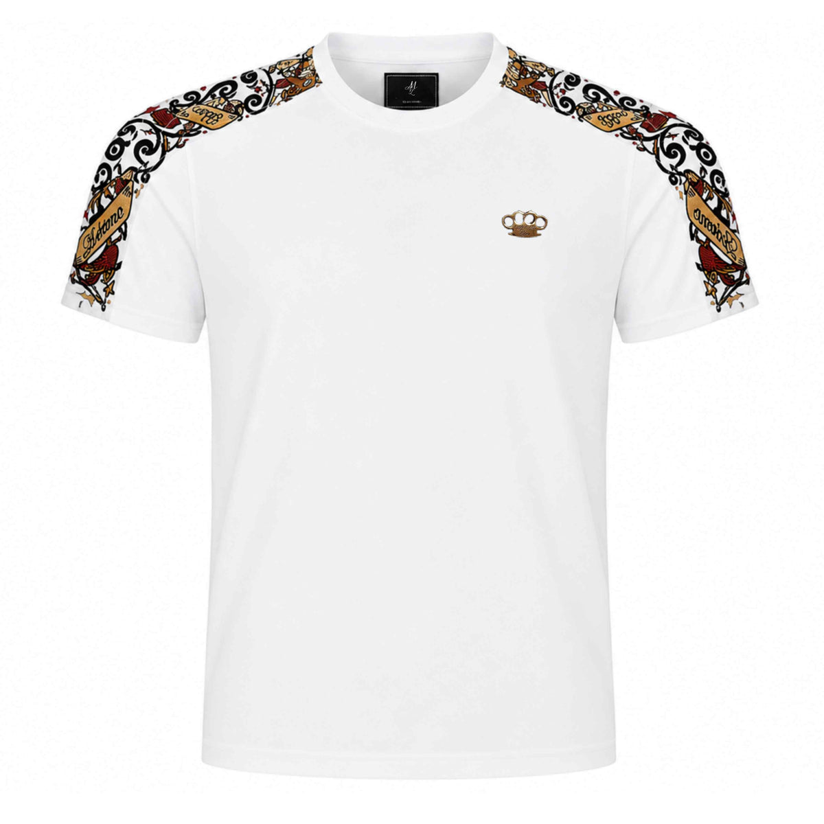 Mi Vida Loca Savage ornate T-Shirt weiß mit verziertem Print auf den Schultern und MVL-Logo, Vorderseite