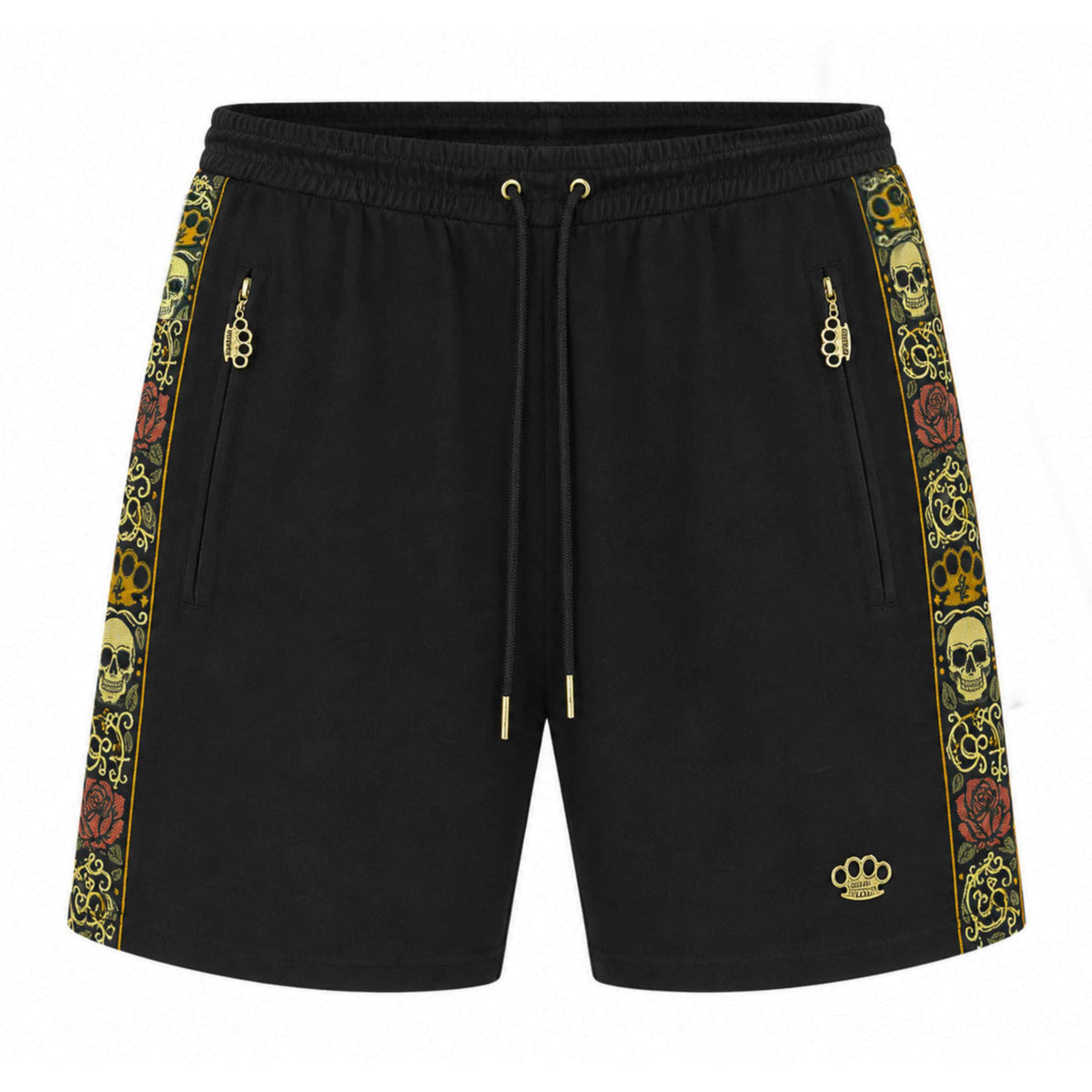 Shorts Mi Vida Loca Calavera neri con banda ricamata a teschi e logo MVL dorato, fronte