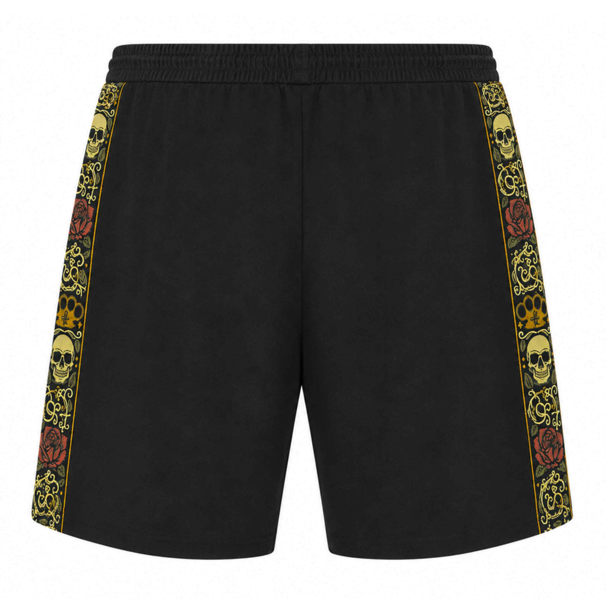 Shorts jogger MVL Calavera neri, retro con banda ricamata con teschi e rose
