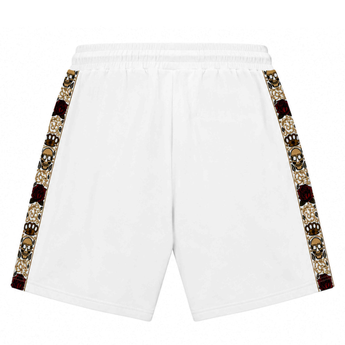 Back of the white Calavera shorts with skull and roses side bands on a white background