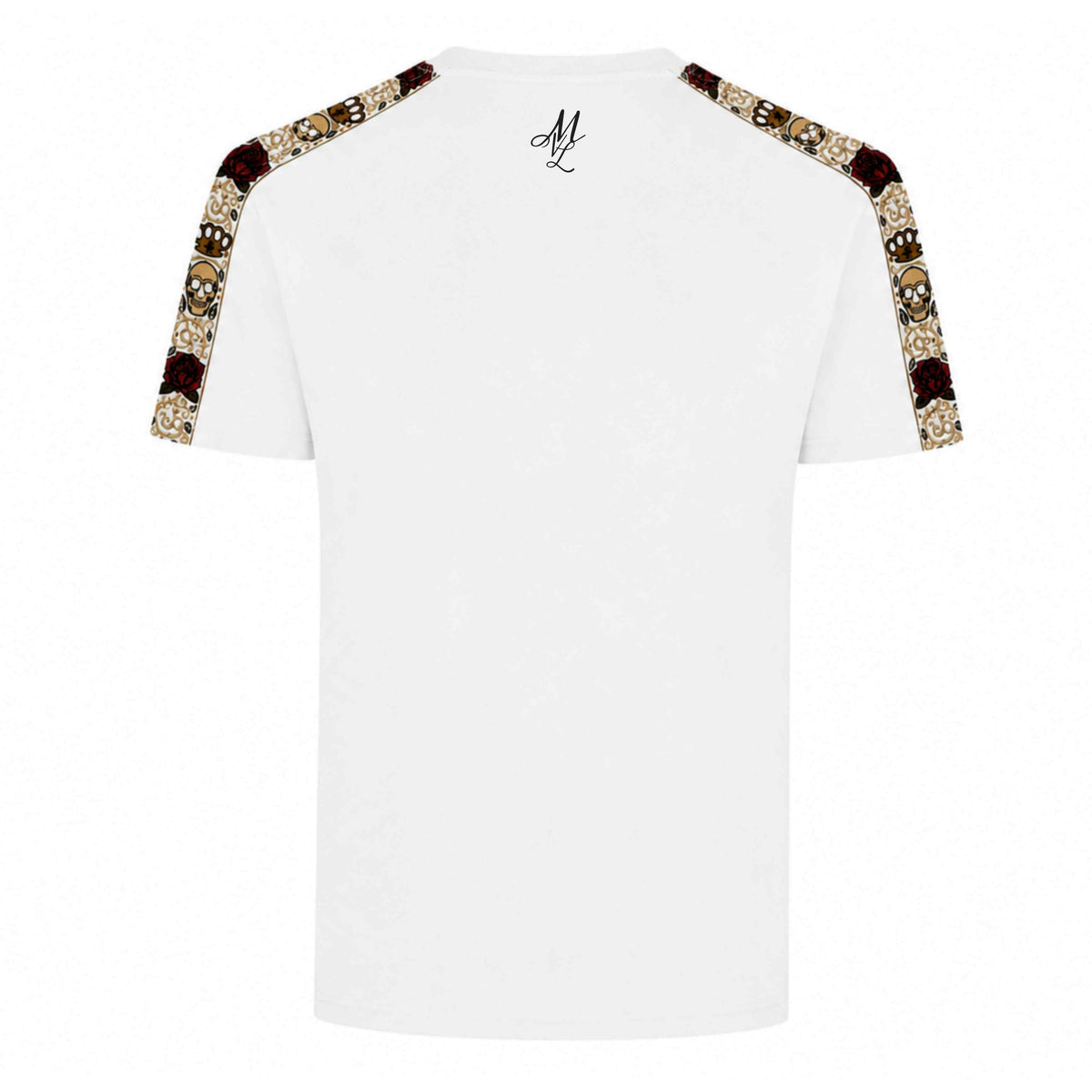 MVL Calavera T-Shirt weiß, Rückseite mit ML-Monogramm und Totenkopf-Schulterbändern