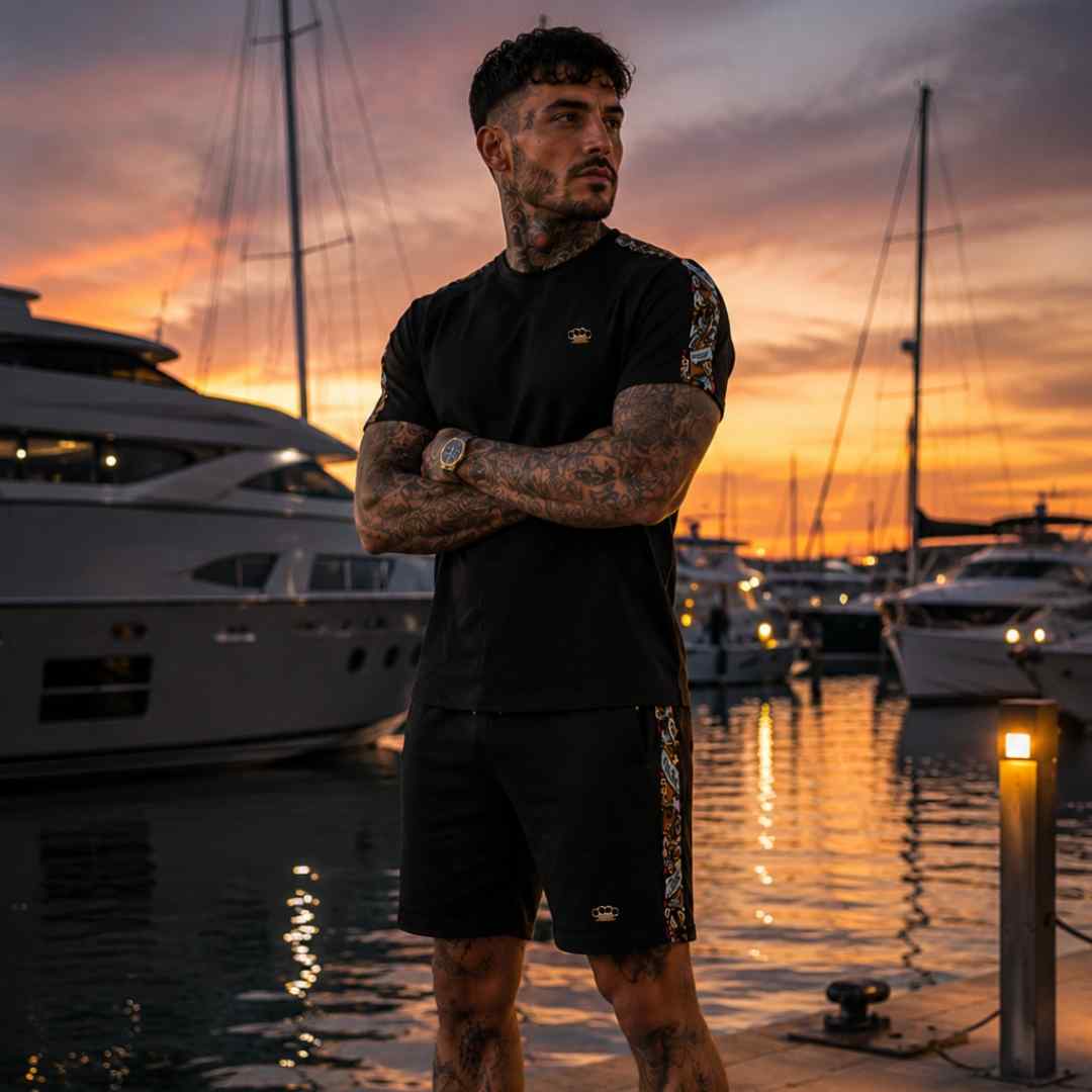 Modello con shorts Savage ornate neri e T-shirt coordinata in un porto turistico al tramonto
