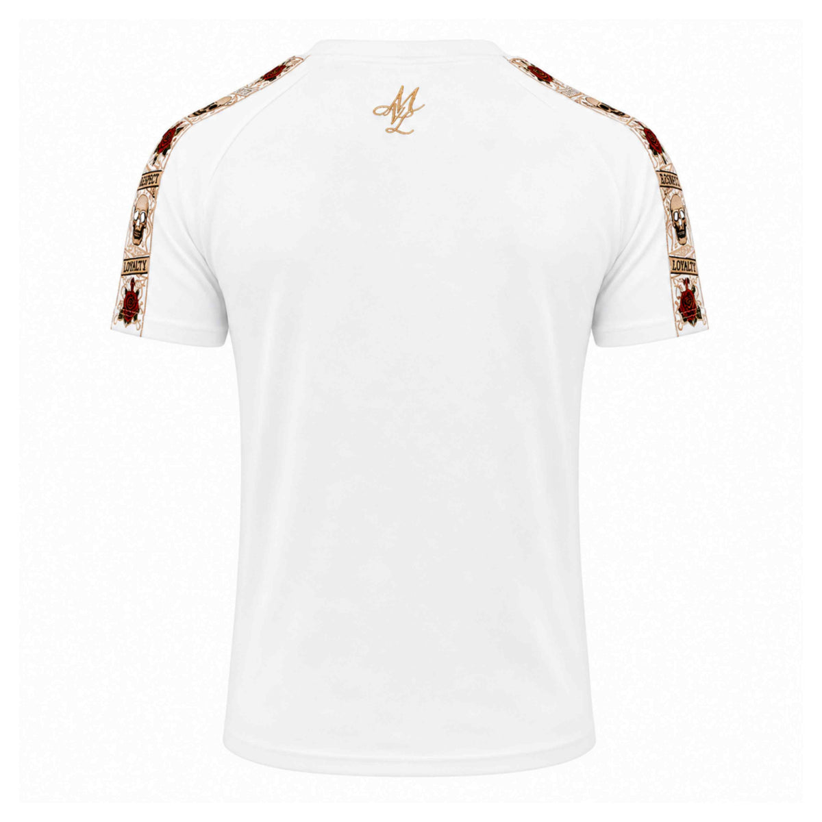 T-shirt LFR bianca con logo MVL dorato sulla nuca e bande colorate sulle maniche, retro