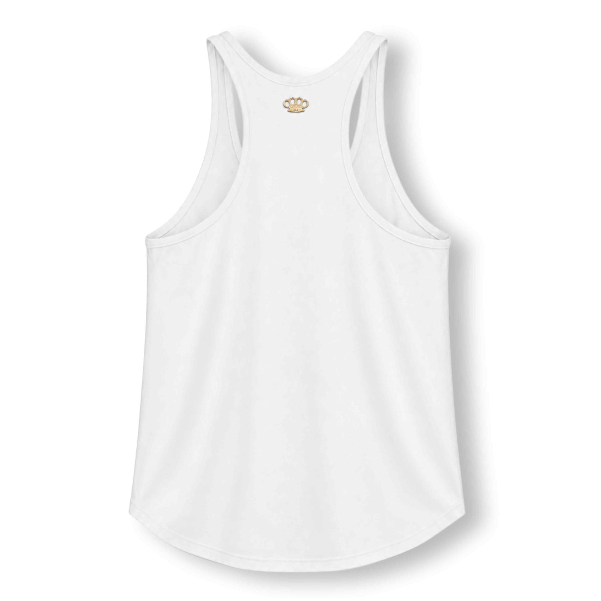 Camiseta de tirantes MVL Original streetwear blanca, espalda con pequeño logo MVL dorado en la nuca