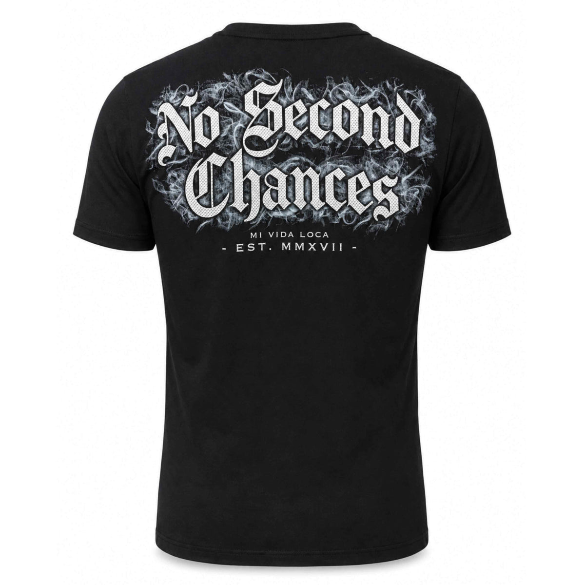 Mi Vida Loca No second chances T-shirt zwart met grote gotische backprint, achterkant
