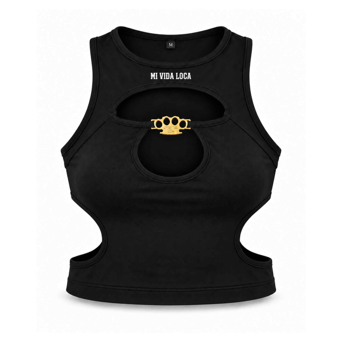 Vorderseite des schwarzen MVL Bad intentions Crop Tops mit Cut-outs und goldenem MVL-Logo auf weißem Hintergrund