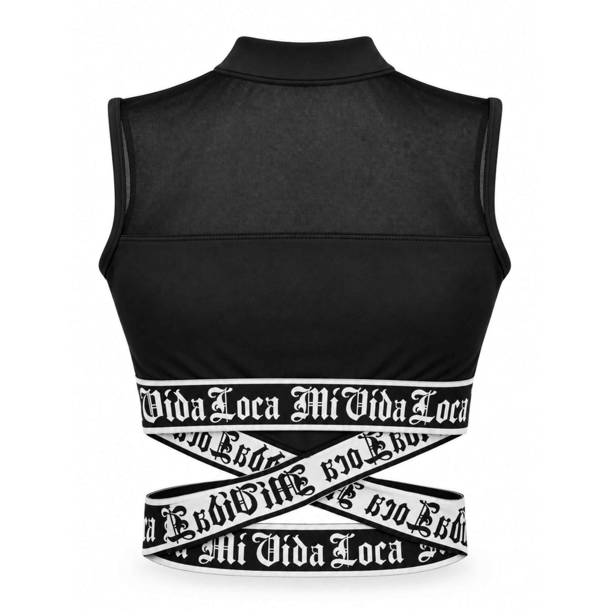 Top femme Signature noir, dos avec mesh transparent et bandes Mi Vida Loca croisées