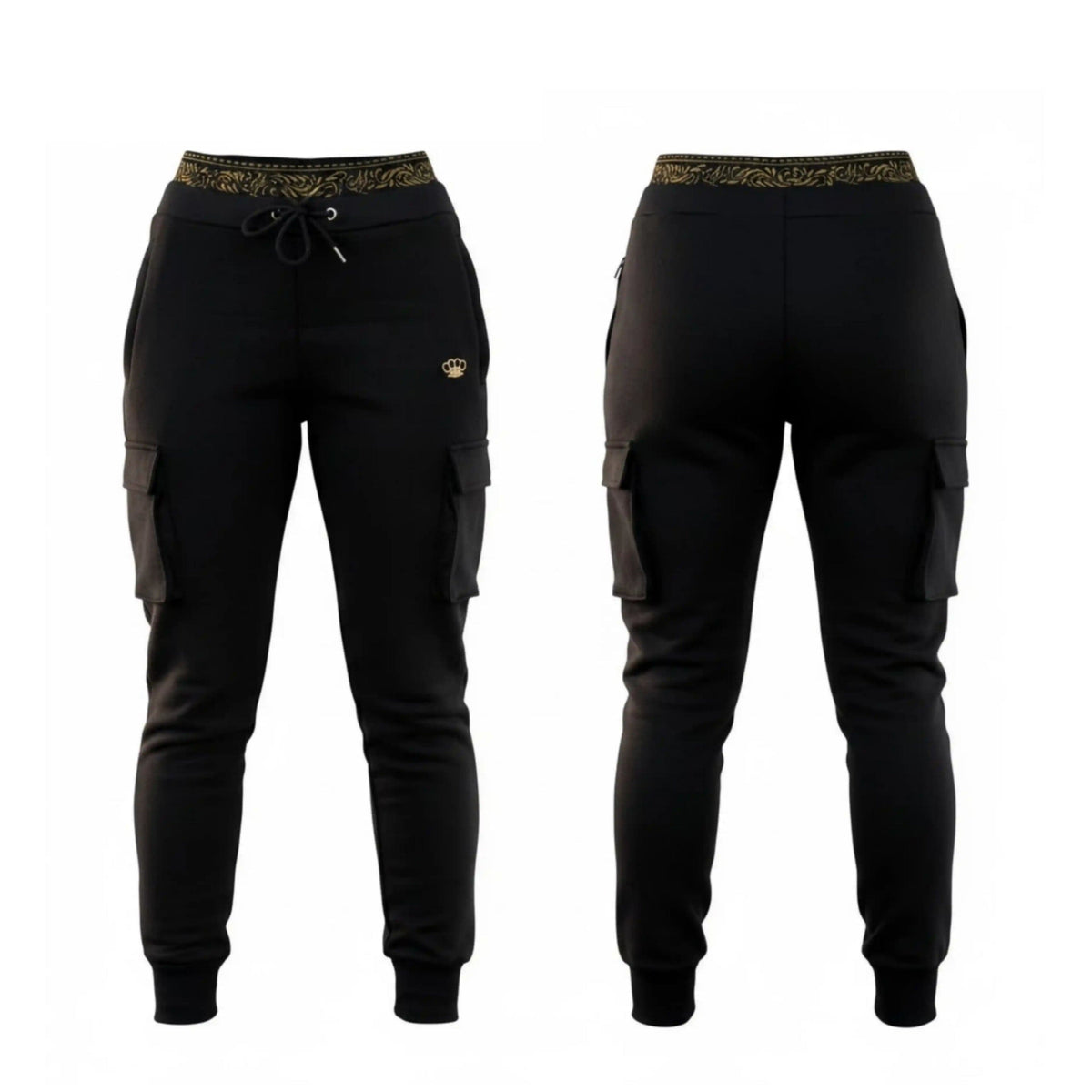 Pantalón jogger de mujer MVL Meander negro con bolsillos cargo, delantera y trasera lado a lado