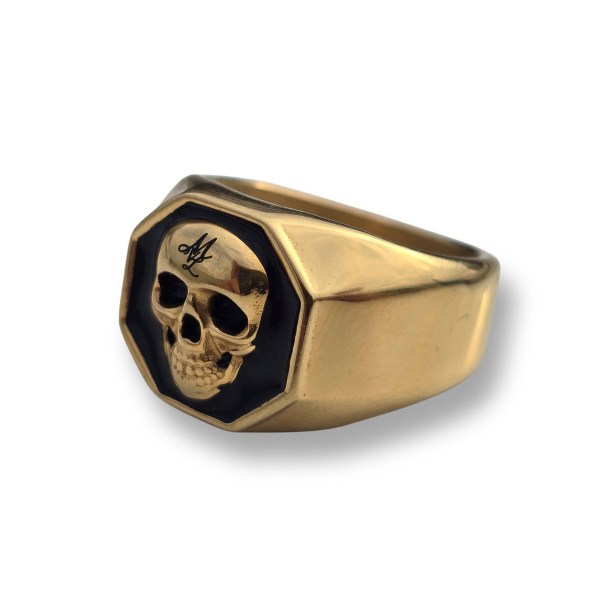 Anello Mi Vida Loca MVL 3D Skull oro con placca ottagonale nera e monogramma ML, vista laterale