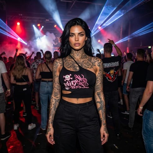 Top monospalla Mi Vida Loca Babe Skull nero con stampa rosa, indossato da modella a una festa