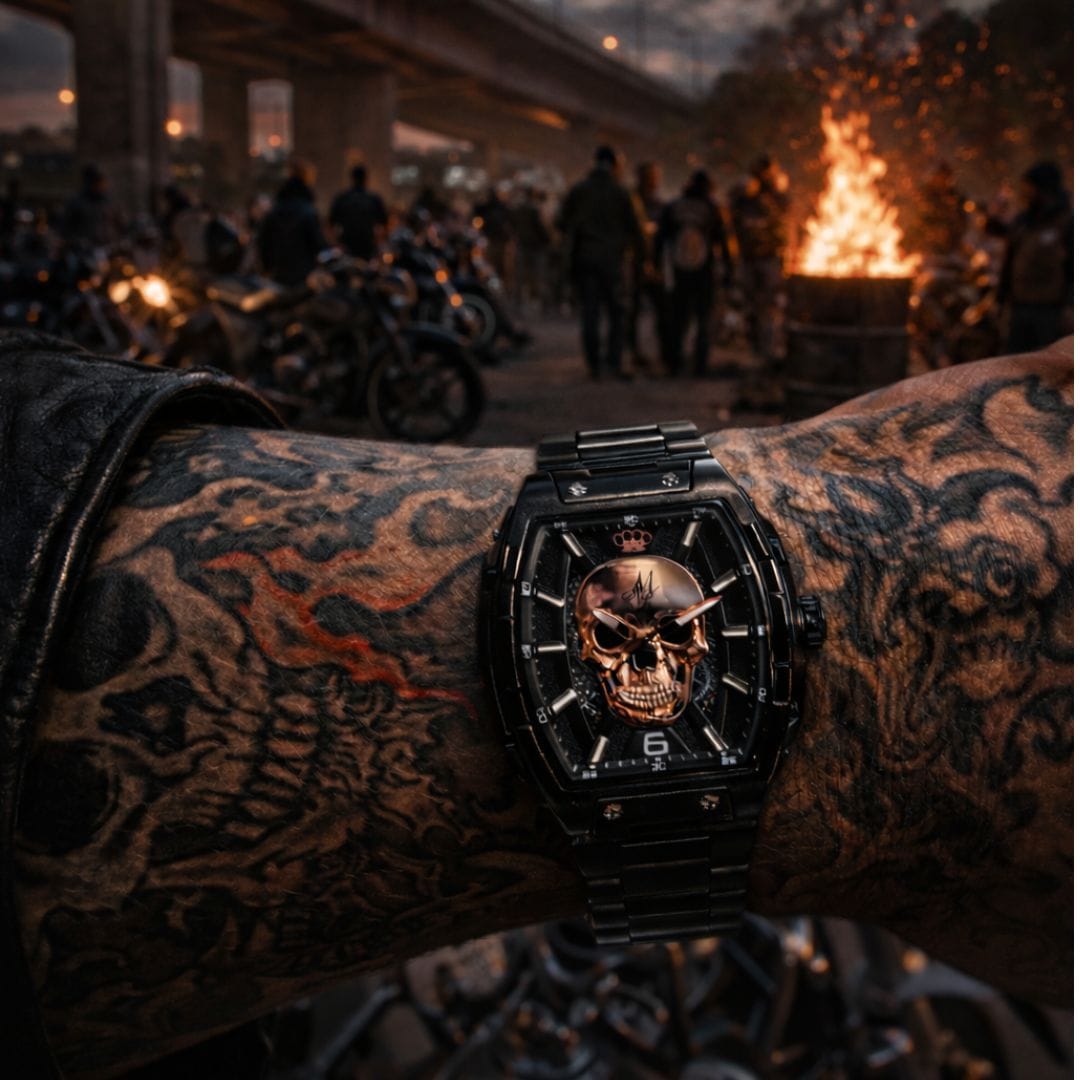 Orologio automatico MVL con teschio, movimento giapponese / cinturino in acciaio nero/nero