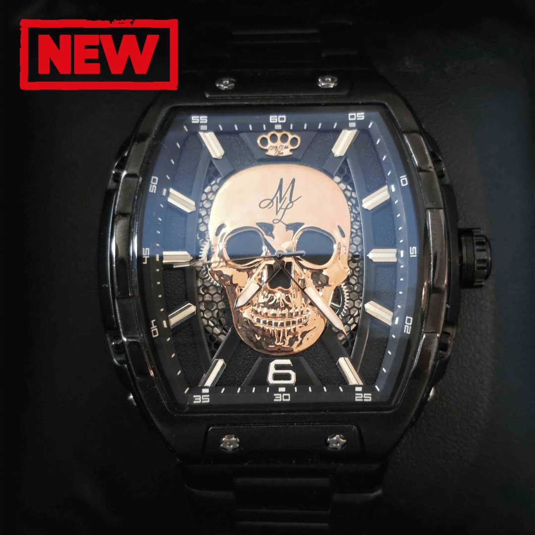 Montre automatique MVL crâne mouvement japonais / bracelet en acier noir/noir