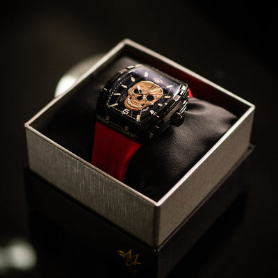 Montre crâne automatique MVL mouvement japonais / bracelet en silicone - noir/rouge