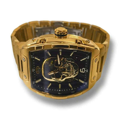 Reloj MVL con calibro japonés y diseño de calavera - correa de acero - oro pulido
