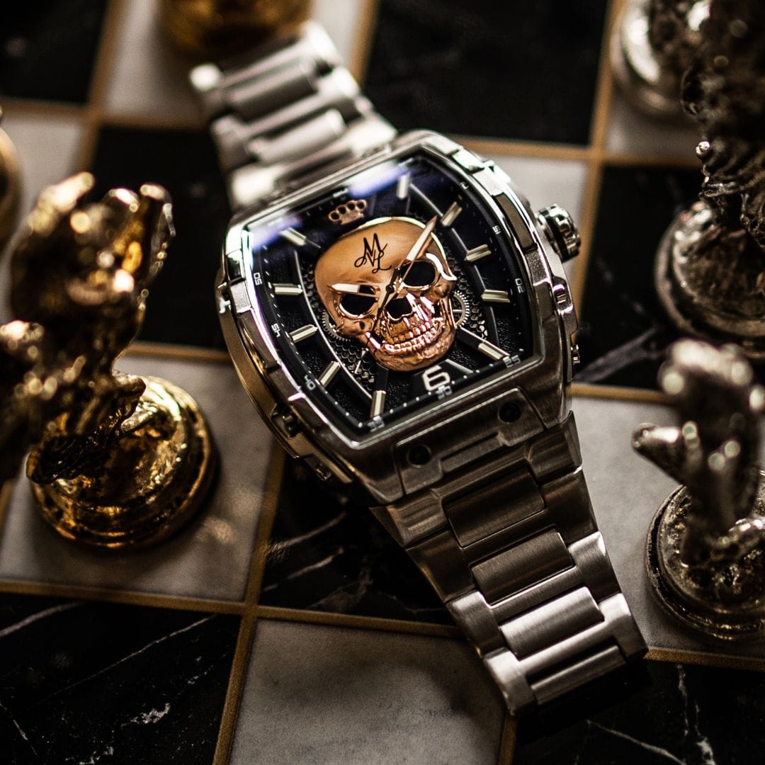 Orologio automatico MVL con teschio movimento giapponese - cinturino in acciaio - argento