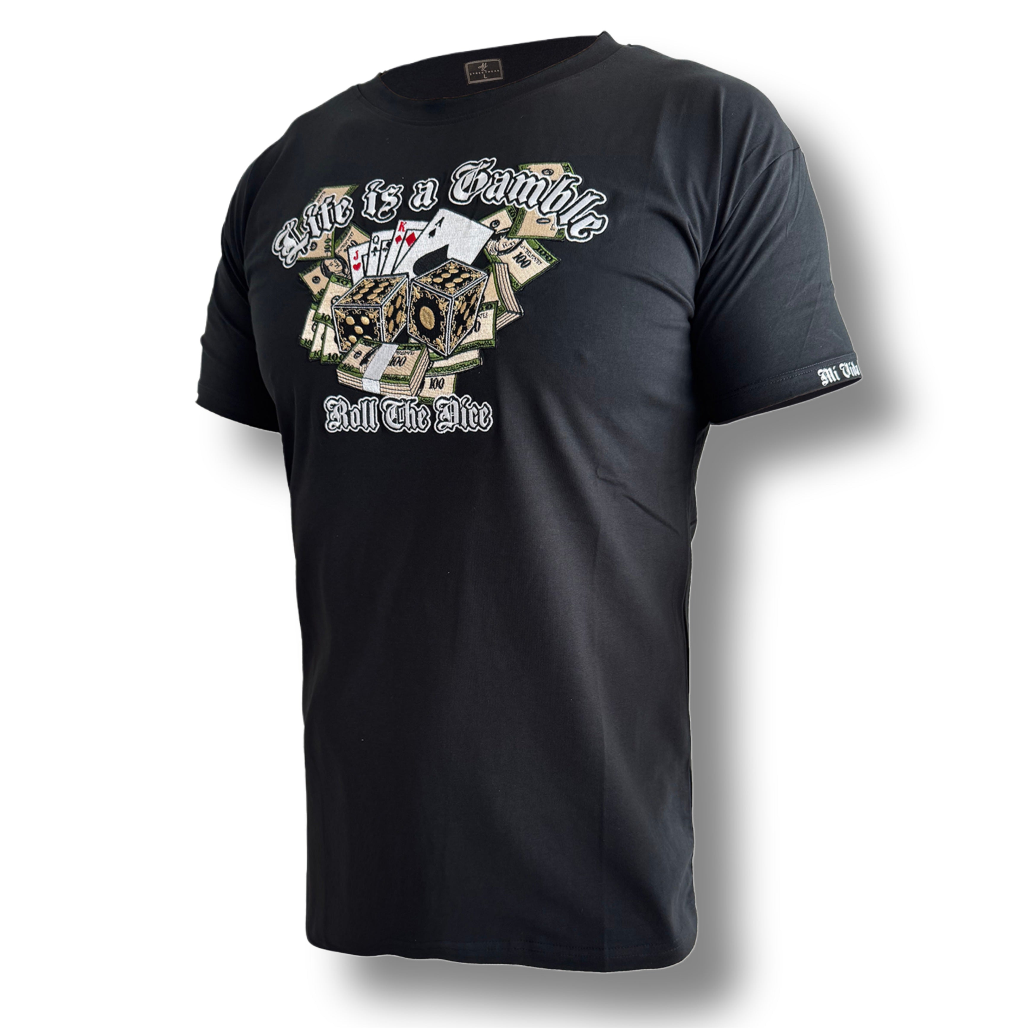 T-shirt MVL Life is a gamble ricamata - nera