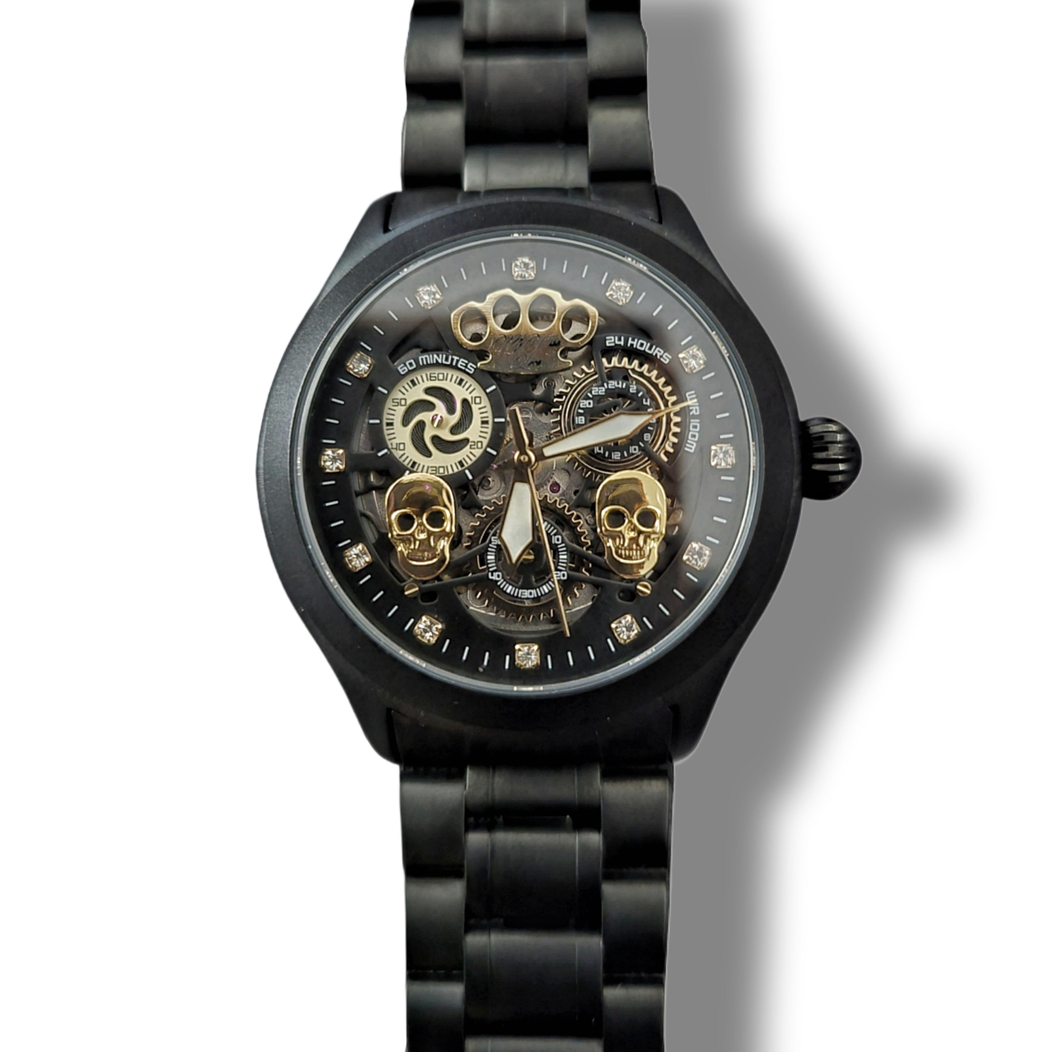 Orologio da polso automatico MVL "Doppio teschio" con movimento giapponese - nero opaco