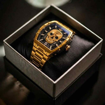 Reloj MVL con calibro japonés y diseño de calavera - correa de acero - oro pulido