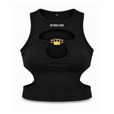 Voorkant van de zwarte MVL Bad intentions cropped top met cut-outs en gouden MVL logo op witte achtergrond
