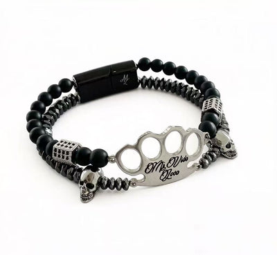 Pulsera MVL «Polygonal skulls» en negro y plata