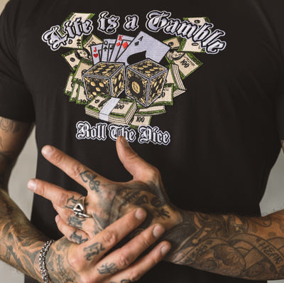T-shirt MVL Life is a gamble ricamata - nera
